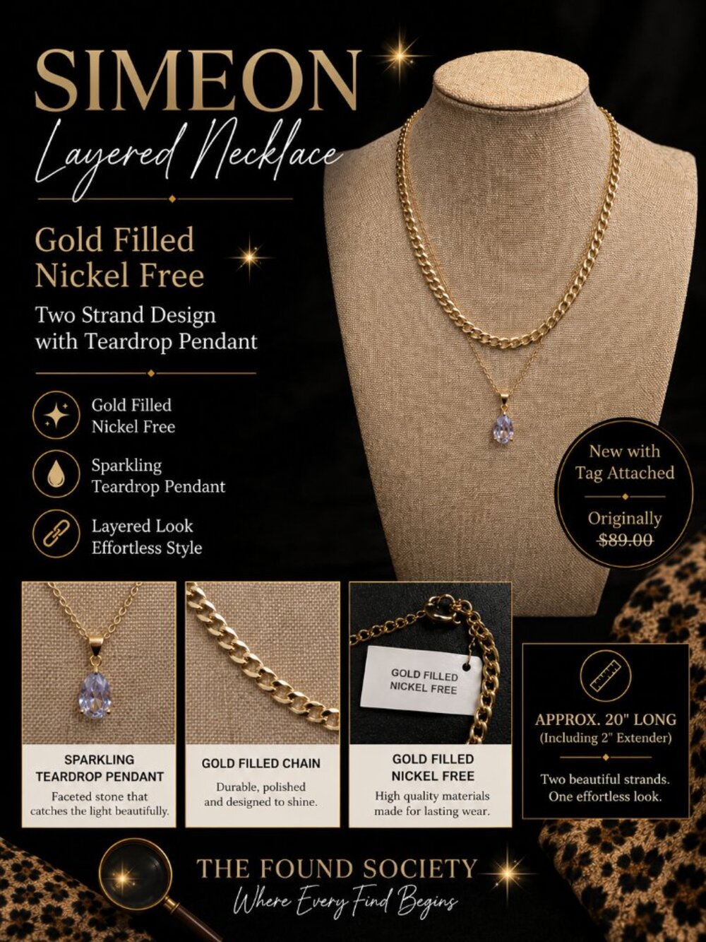 Simeon Gold Filled Layered Necklace Lavender Teardrop Pendant NWT MSRP $89